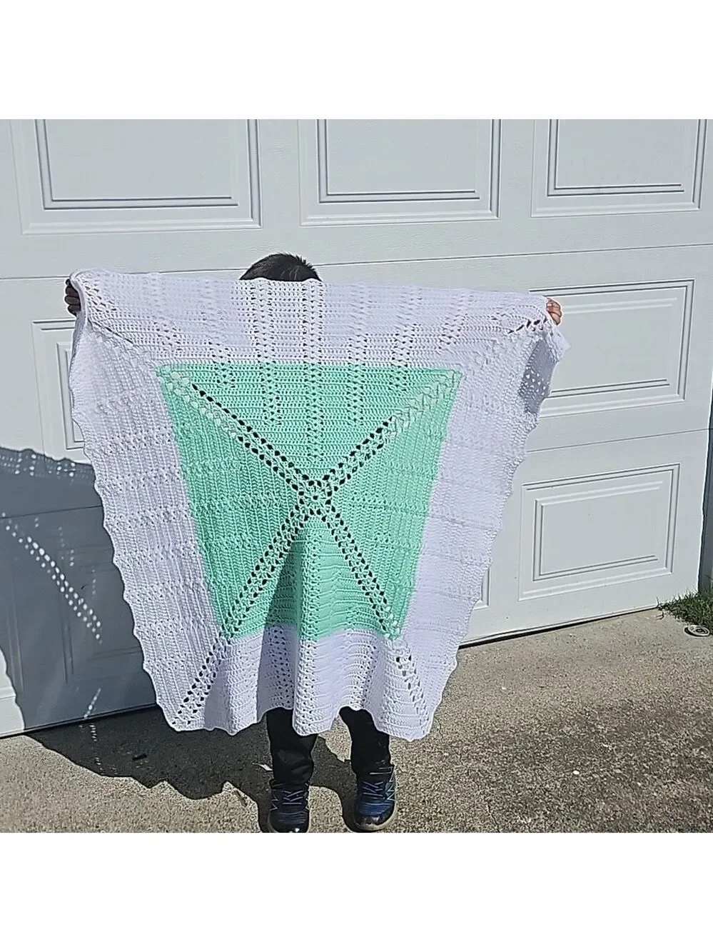 Handmade White Aqua Glitter Crochet Blanket Hand knit Grannycore Home Gifts 34